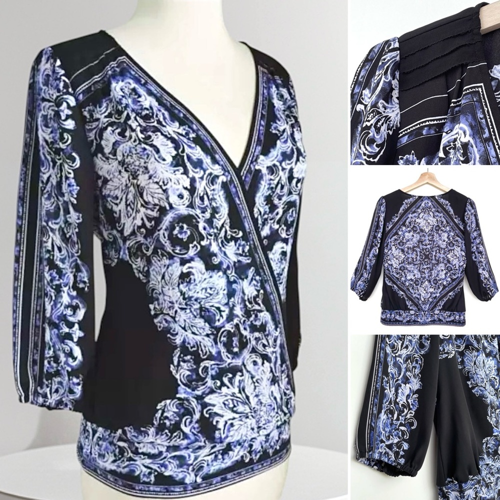 WHBM Georgette Faux Wrap Blouse 3/4 Sleeve Smock Back Waist